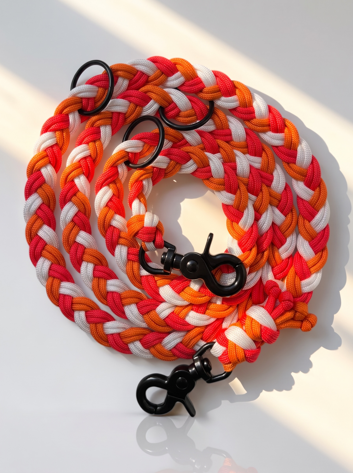 Paracordleine geflochten aus Tau in den Farben orange  pink und weiß. Mit schwarzen Beschlägen. Farbenfrohe individuell anpassbare Hundeleine. Draufsicht 