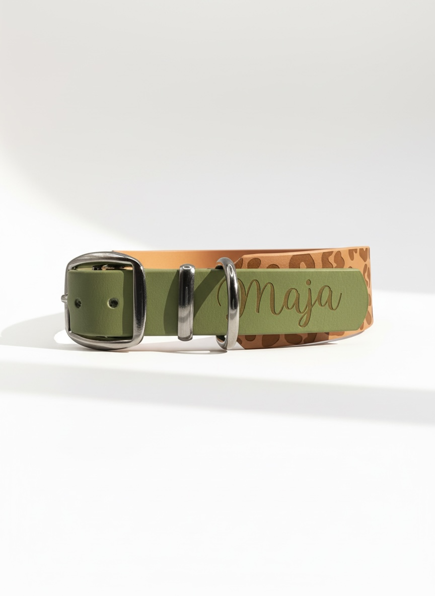 Hundehalsband Leopard personalisiert Name BioThane orange grün