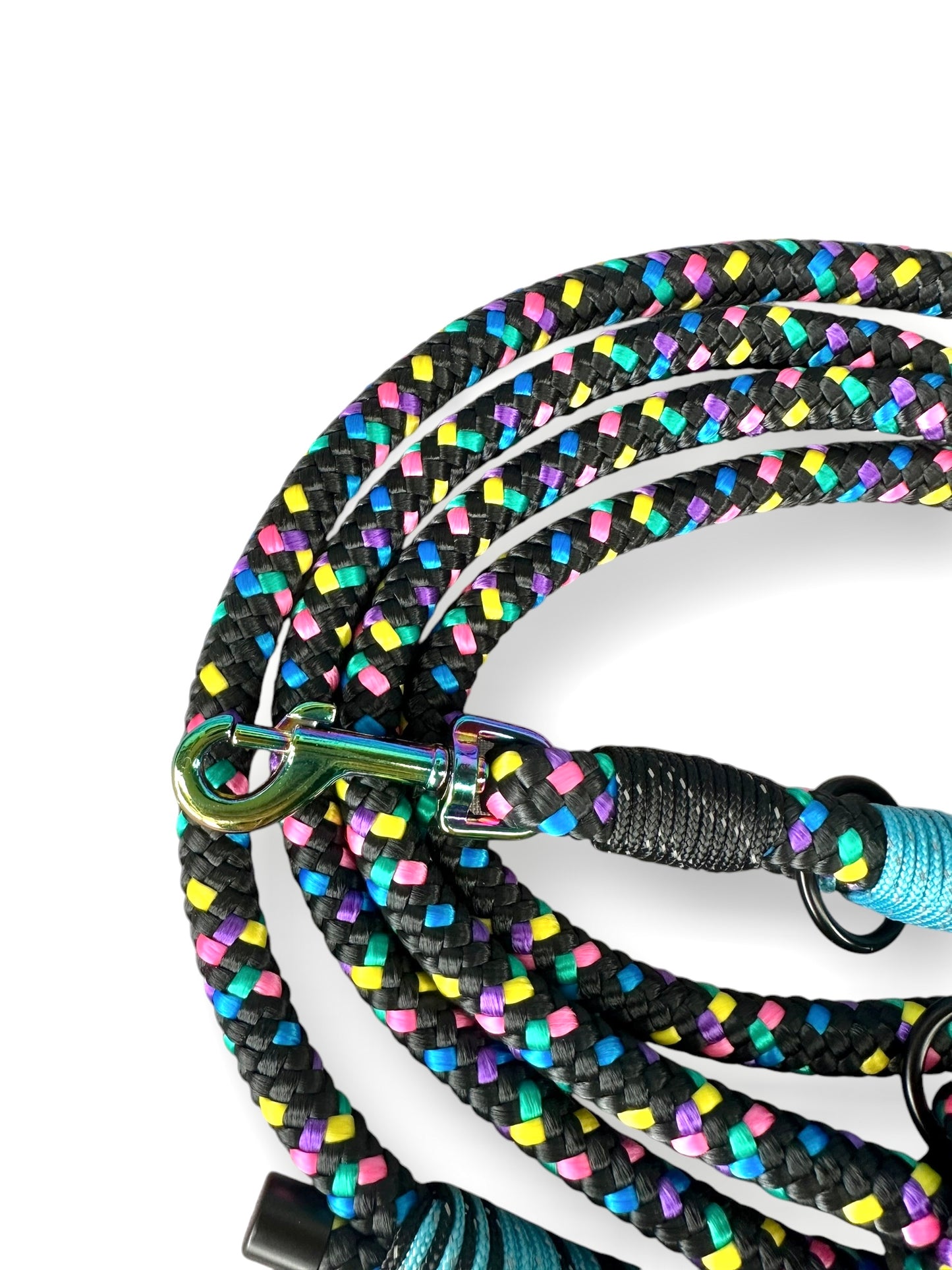 Tau-Leine 10mm bestehend aus "Disco" Seil, "Reflectable Neon Turquoise & Schwarz" Umwickelung