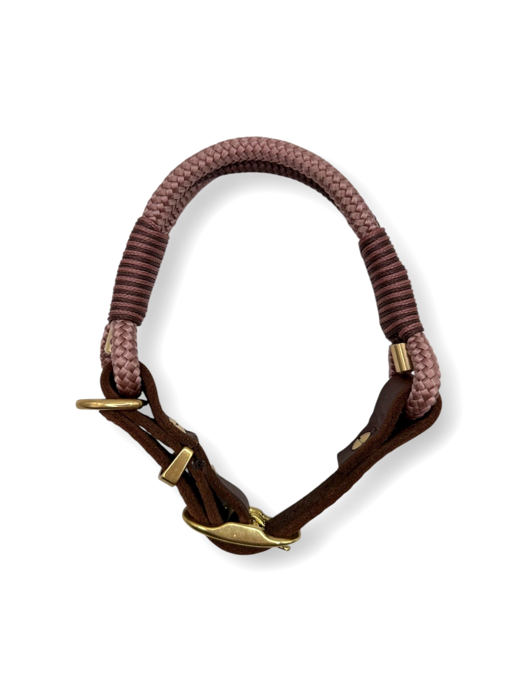 Hundehalsband aus Tau in den Farben Kupfer rosa und Braun. Passend zum Herbst. Mit Goldenen Messing Details. Draufsicht