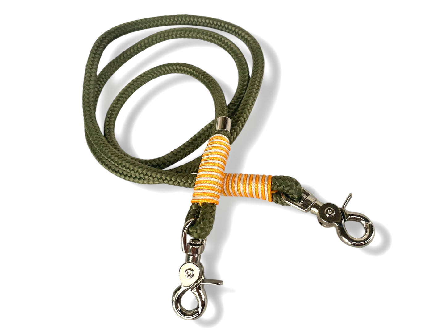 Tau-Leine 10mm bestehend aus "Dunkle Olive" Seil, "Royal Orange & Mocca" Umwickelung