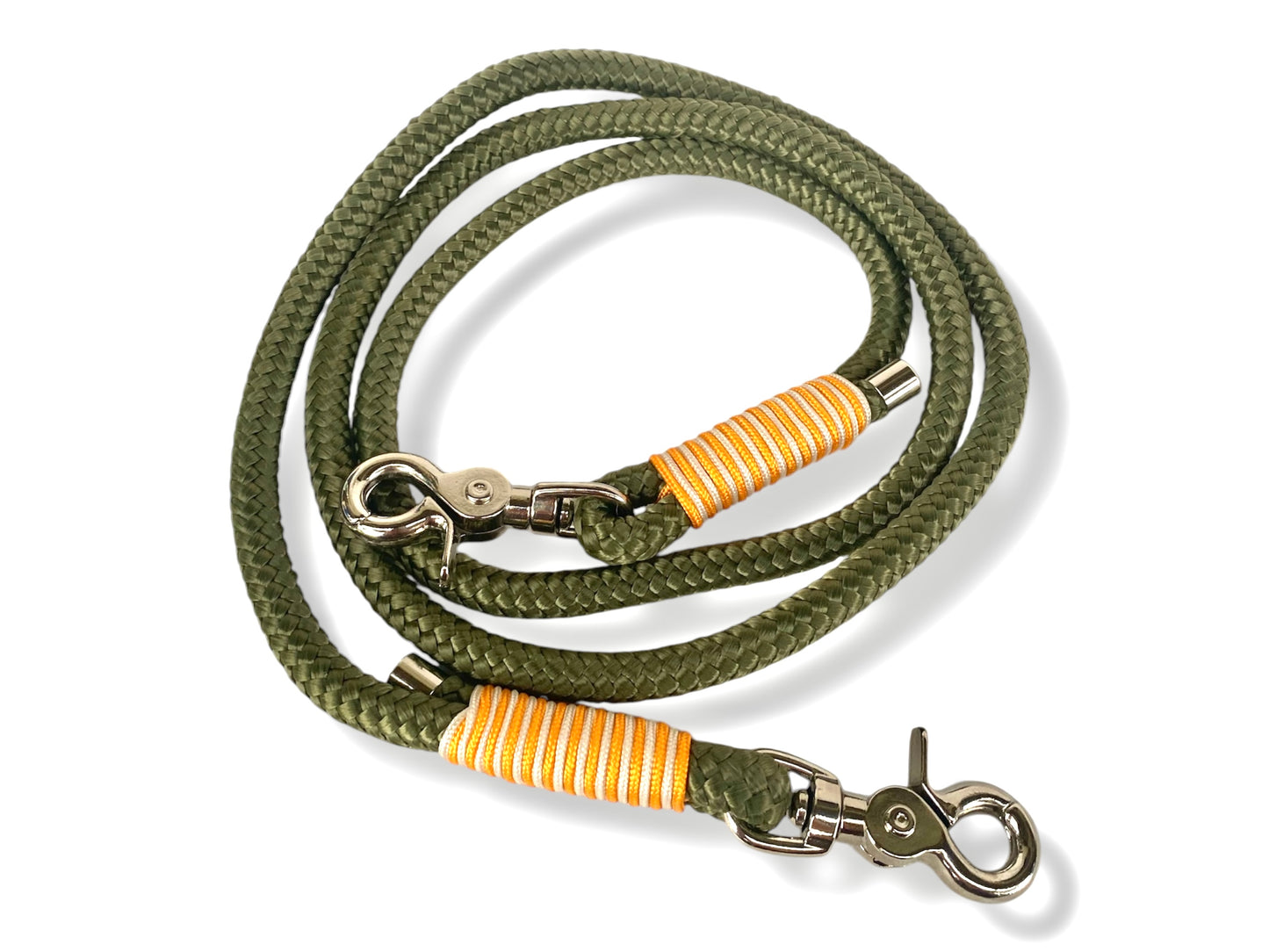 Tau-Leine 10mm bestehend aus "Dunkle Olive" Seil, "Royal Orange & Mocca" Umwickelung