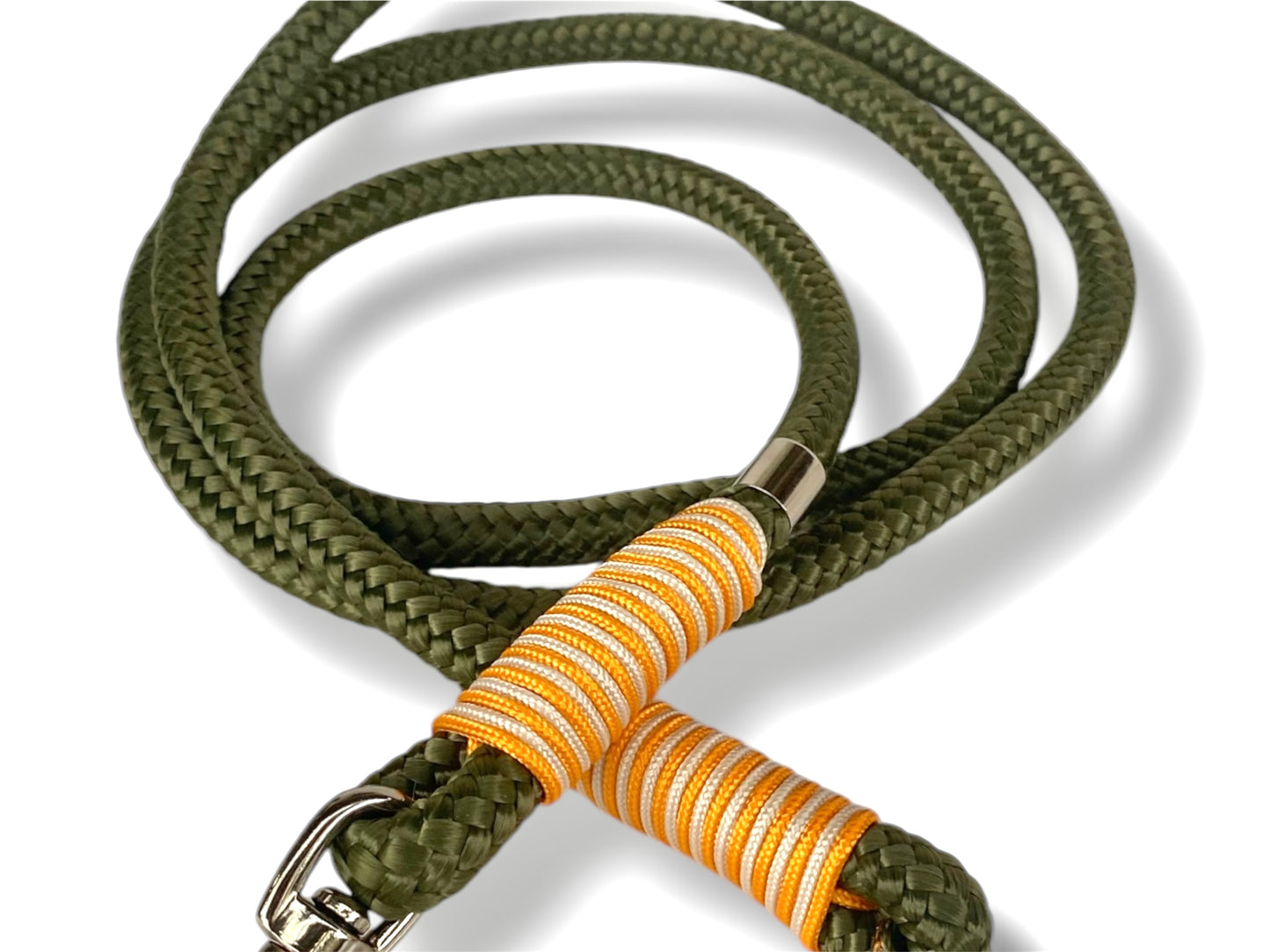 Tau-Leine 10mm bestehend aus "Dunkle Olive" Seil, "Royal Orange & Mocca" Umwickelung