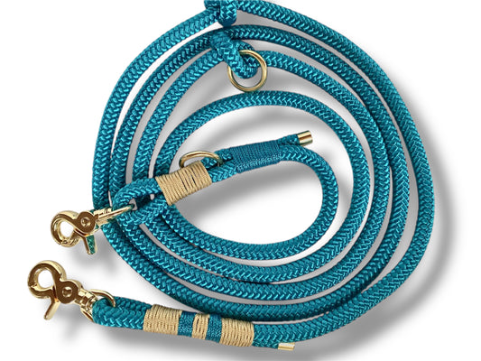 Tau-Leine 10mm bestehend aus "Aqua" Seil, "Aquamarine Blau & Gold" Umwickelung