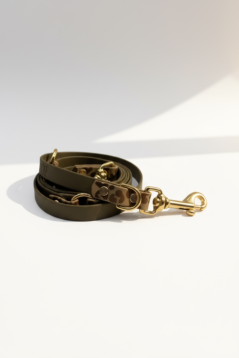 Verstellbare Hundeleine passend zum Leopardenhalsband aus BioThane in Military Oliv mit Leo-Print und beige Einfarbband, individuell anpassbare Länge, mit optionaler Handschlaufe, robust und wasserfest