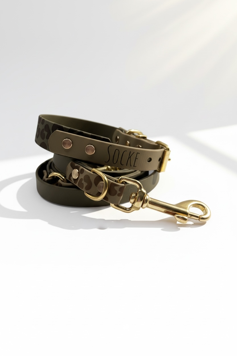 Seitenansicht eines verstellbaren Hundehalsbands aus BioThane in Military Oliv mit Leo-Print und beige Einfarbband, inklusive Namensgravur, aktuell mit Schnallenverschluss, Zugstopp-Option möglich, kombiniert mit passender verstellbarer Hundeleine mit optionaler Handschlaufe, robust und wasserfest
