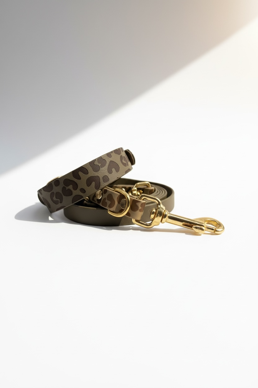 Rückansicht von Hundebeinen und Halsband, verstellbares Hundehalsband aus BioThane in Military Oliv mit Leo-Print und beige Einfarbband, inklusive Namensgravur, aktuell mit Schnallenverschluss, Zugstopp optional, dazu passende verstellbare Hundeleine mit optionaler Handschlaufe, robust und wasserfest
