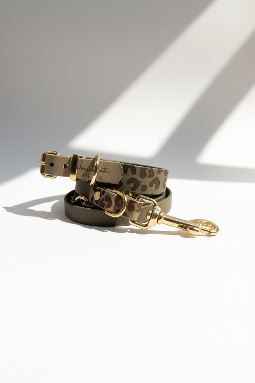 Seitenansicht von Hundeleine um das passende Hundehalsband aus BioThane in Military Oliv mit Leo-Print und beige Einfarbband, mit sichtbarer Logo-Gravur, aktuell mit Schnallenverschluss, Zugstopp optional, verstellbare Leine mit optionaler Handschlaufe, robust und wasserfest