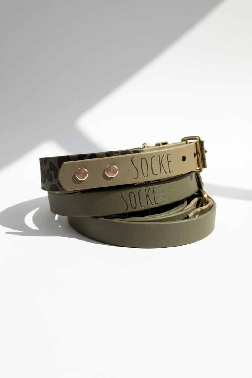 Detailaufnahme von verstellbarem Hundehalsband und passender Hundeleine aus BioThane in Military Oliv mit Leo-Print und beige Einfarbband, gut sichtbare Narbensgravur, Halsband aktuell mit Schnallenverschluss, Zugstopp optional, robuste und wasserfeste Hundeleine mit optionaler Handschlaufe