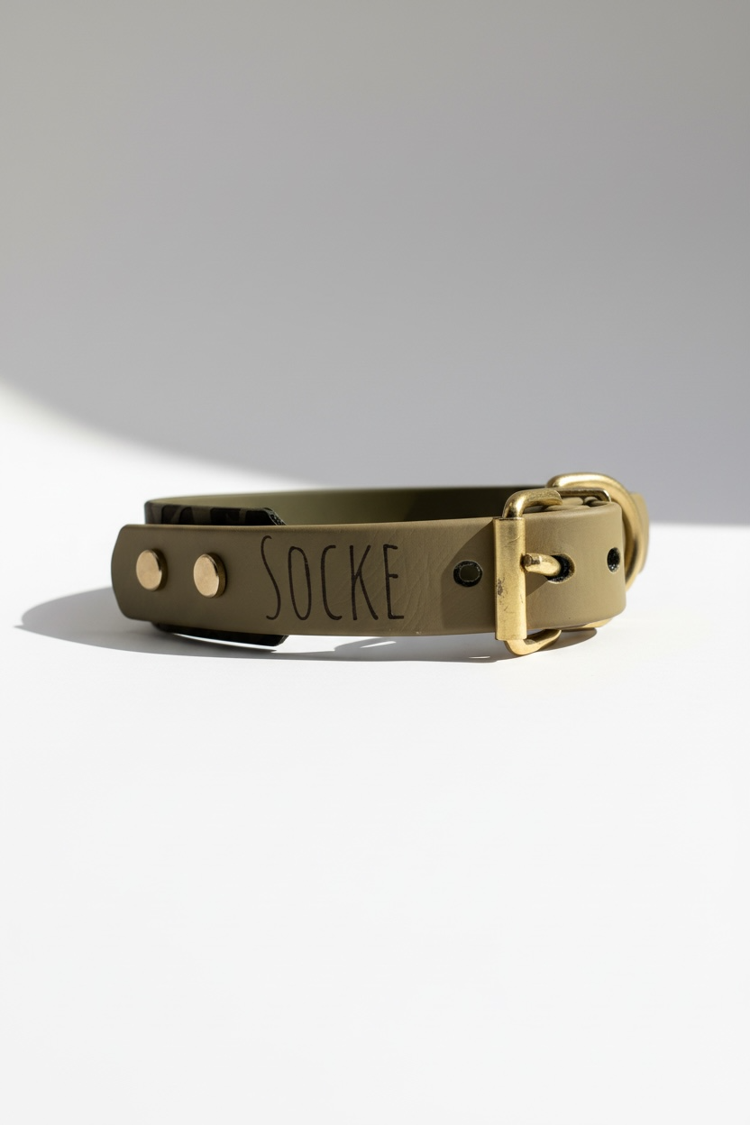 Leopardenhalsband aus BioThane in Military Oliv mit Leo-Print und beige Einfarbband, frontale Ansicht mit gut sichtbarer Namensgravur, wasserfestes Hundehalsband für kleine, mittlere und große Hunde