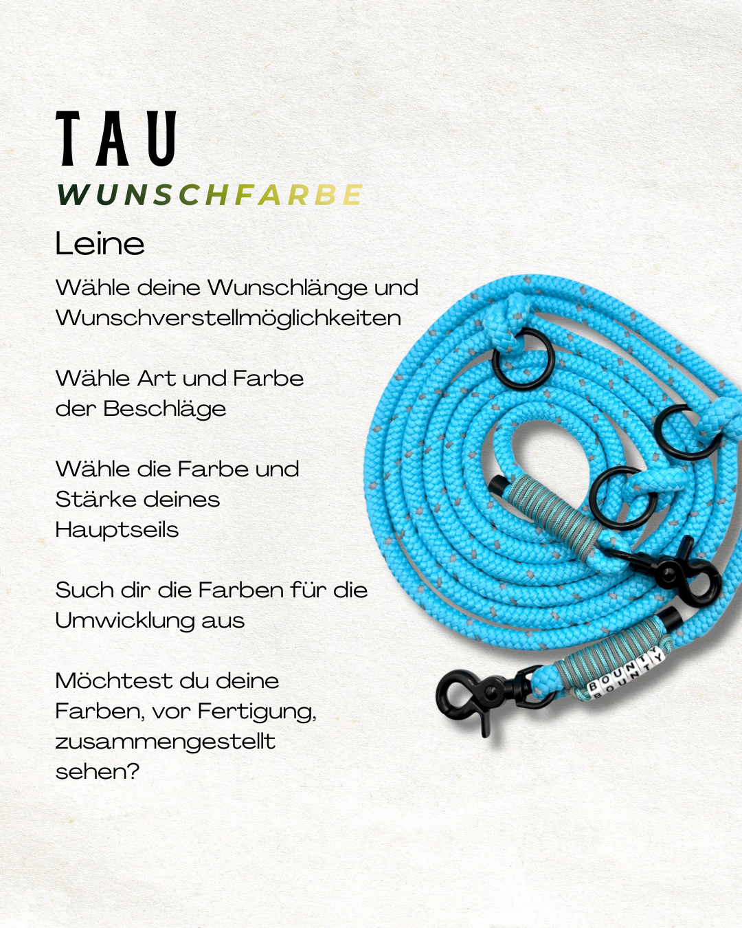 Reflektierende Hundeleine aus Tau in deiner Wunschfarbe. Stell dir deine Leine, Halsband oder Set zusammen. Perfekt für die dunkle Jahreszeit mit Reflektoren 