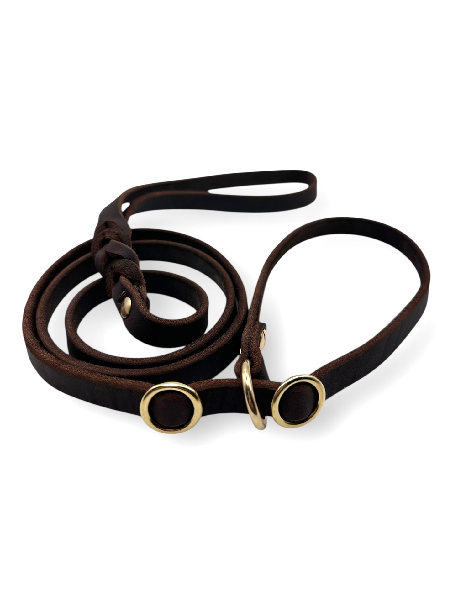 Retrieverleine aus Leder in braun mit Messing Beschlägen. Zugstoppleine für Hunde aus Fettleder.