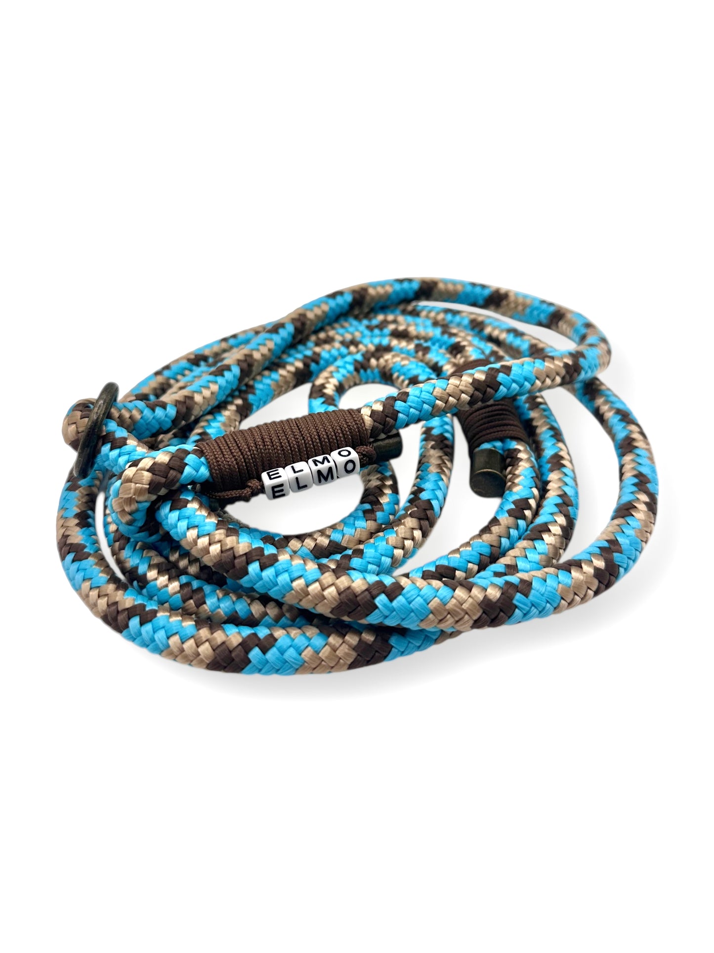 Retrieverleine aus Tau mit Zugstopp. Hundeleine in Blau mit beige und braun. 