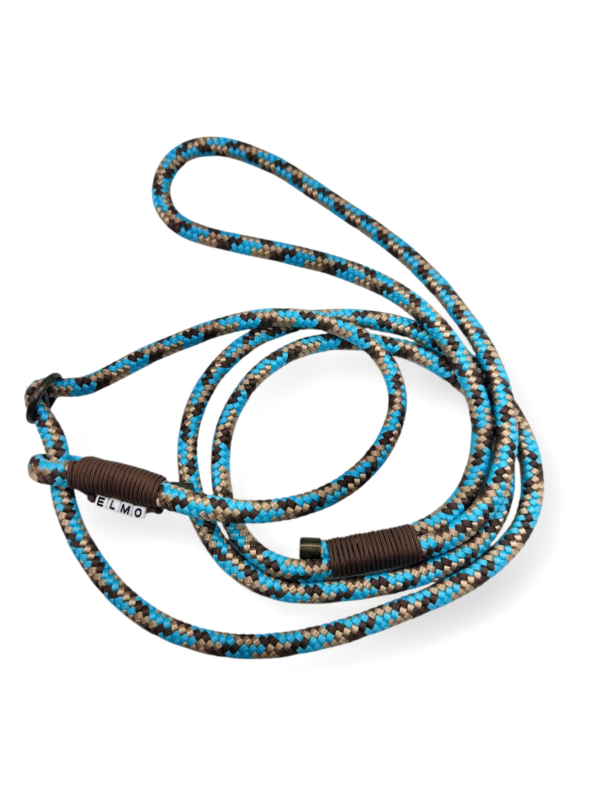 Retrieverleine aus Tau mit Zugstopp. Hundeleine in Blau mit beige und braun. 