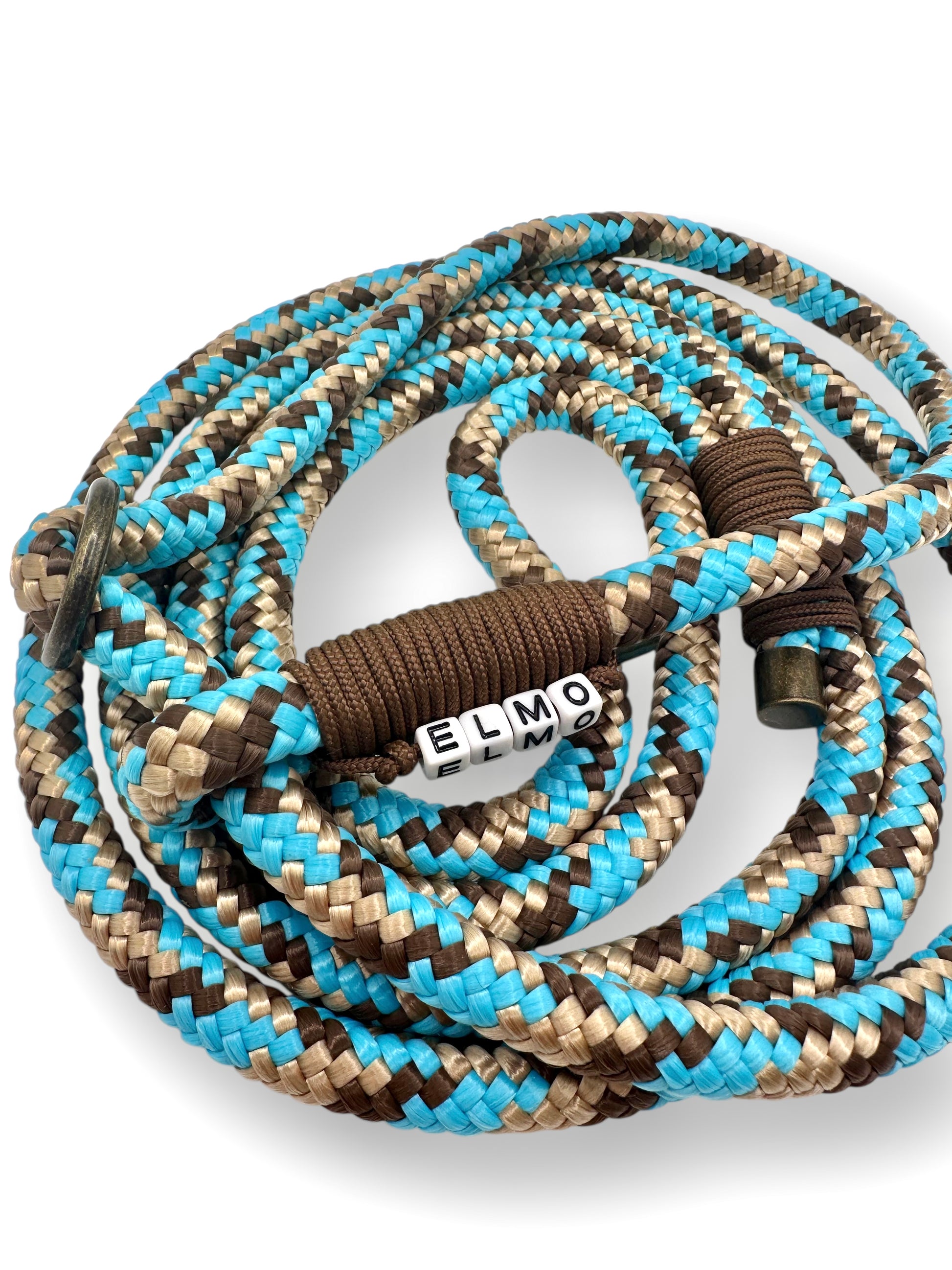 Retrieverleine aus Tau mit Zugstopp. Hundeleine in Blau mit beige und braun. 