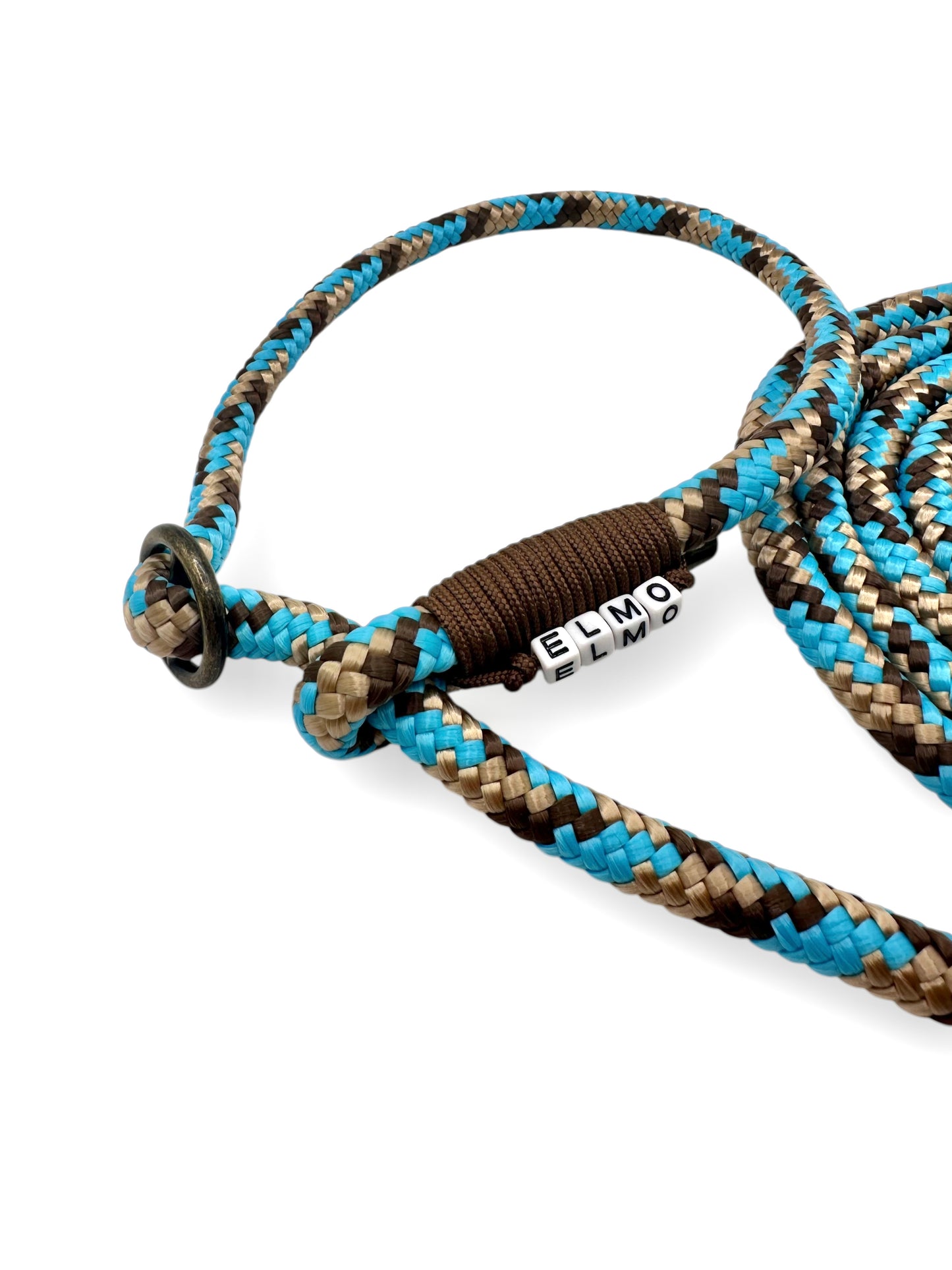 Retrieverleine aus Tau mit Zugstopp. Hundeleine in Blau mit beige und braun. 