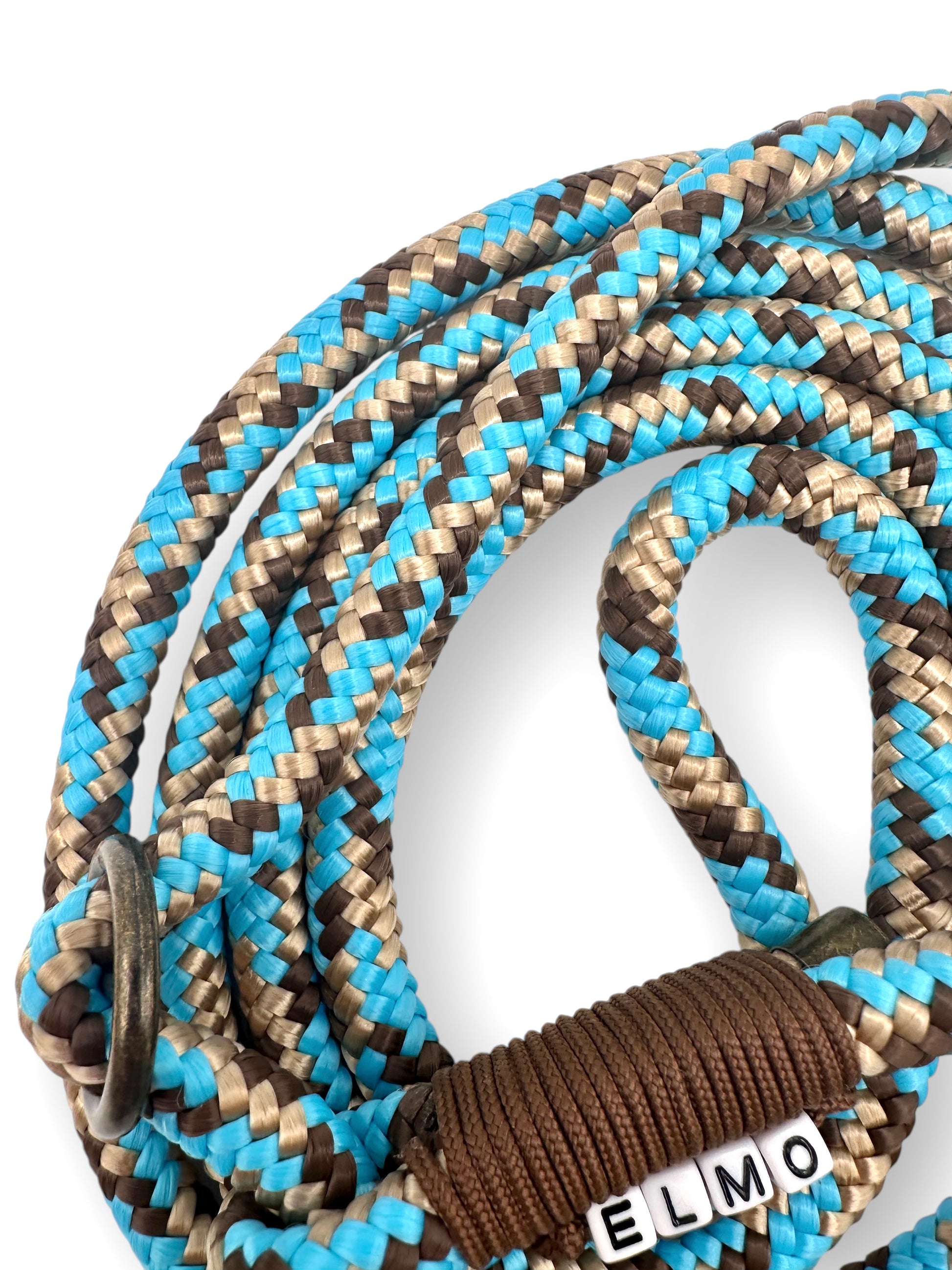 Retrieverleine aus Tau mit Zugstopp. Hundeleine in Blau mit beige und braun. 
