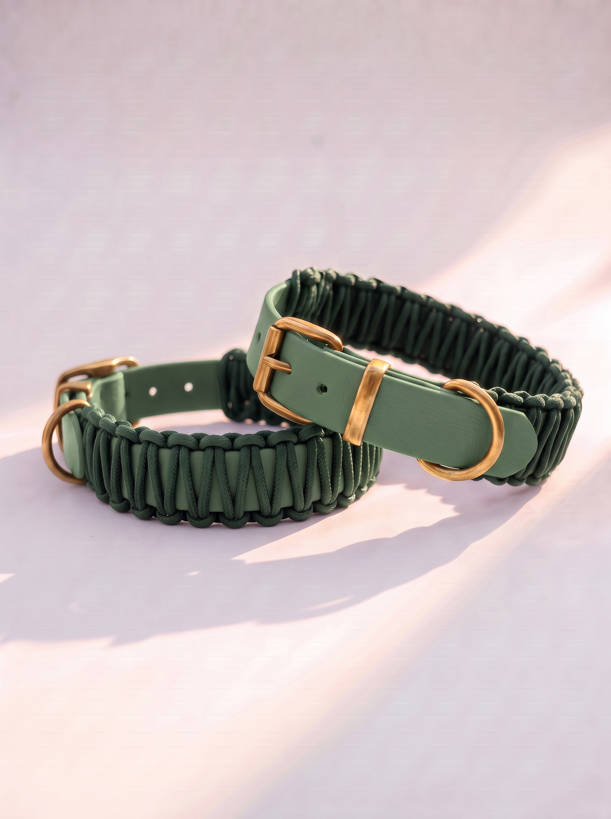 Hundehalsband aus BioThane und Paracord in herbstlichen grün mit goldene details aus messing. BioThane halsband mit Rollschnalle handgefertigt 