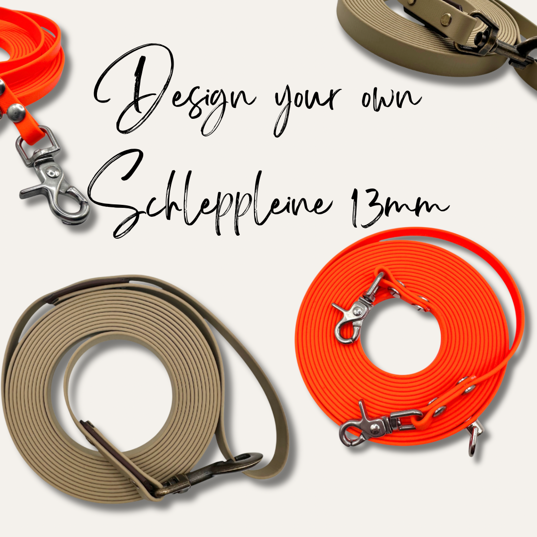 Schleppleine aus 13mm breiten BioThane zum selber designen. Wähle deine Lieblingsfarbe und Lieblingslänge aus.