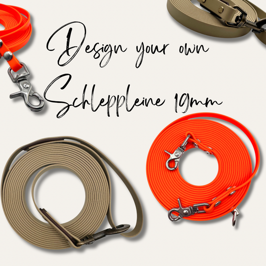 Schleppleine aus 19mm breiten BioThane zum selber designen. Wähle deine Lieblingsfarbe und Lieblingslänge aus.
