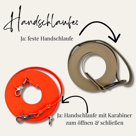 Schleppleine aus 9mm breiten BioThane zum selber designen. Wähle deine Lieblingsfarbe und Lieblingslänge aus.