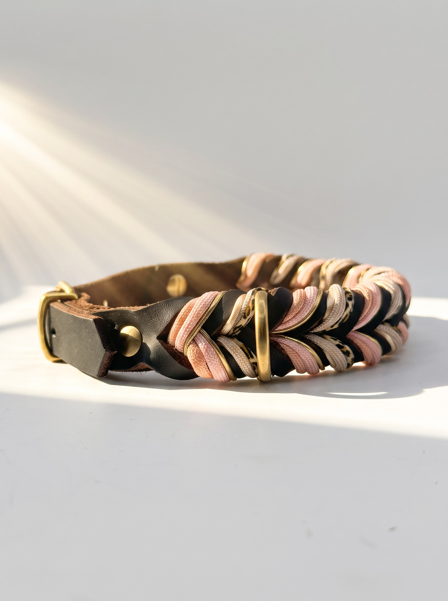 Lederhalsband geflochten mit Leo-Details und kupfer farbenen Details. Handgefertigt und individuell anpassbar an jede Hundegröße. Ansicht der Seite des Halsbandes 