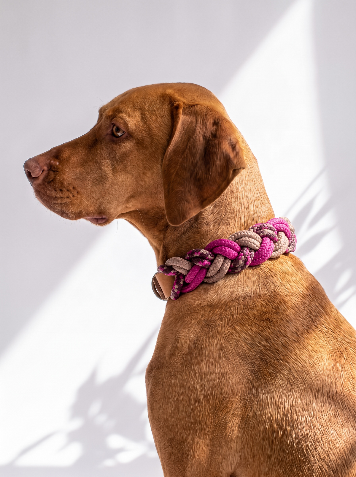 Tauhalsband in Beere, rosa, beige und braun mit verstellbaren Verschluss aus leder Oder BioThane. Handgefertigt und individuell anpassbar. Ansicht des Halsbandes getragen an einem Hund von der Seite.