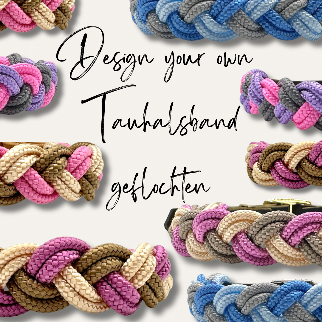 Hundehalsband aus Tau geflochten in deiner Wunschfarbe. Wähle jedes Details selbst aus.