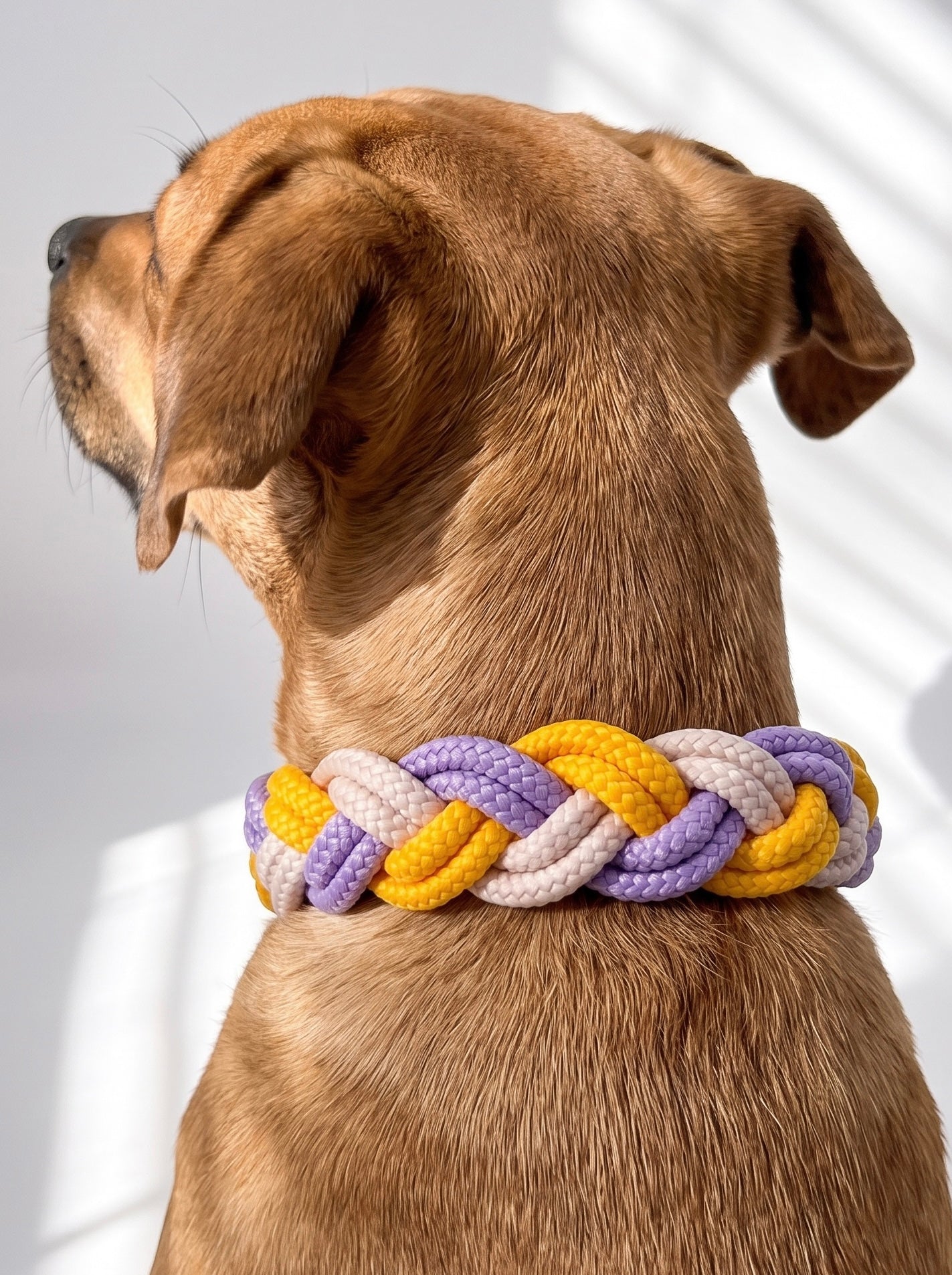 Hundehalsband geflochten aus Tau in den Farben Pastell lila, Cream und gelb. Mit BioThane Verschluss zum erstellen. Handgefertigt und individuell anpassbar. Ansicht des Halsbandes von hinten getragen ein einem braunen Hund. 