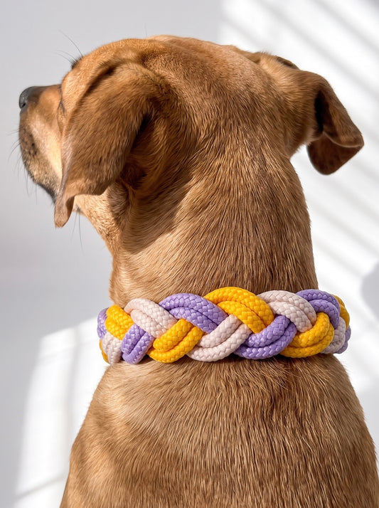 Hundehalsband geflochten aus Tau in den Farben Pastell lila, Cream und gelb. Mit BioThane Verschluss zum erstellen. Handgefertigt und individuell anpassbar. Ansicht des Halsbandes von hinten getragen ein einem braunen Hund. 