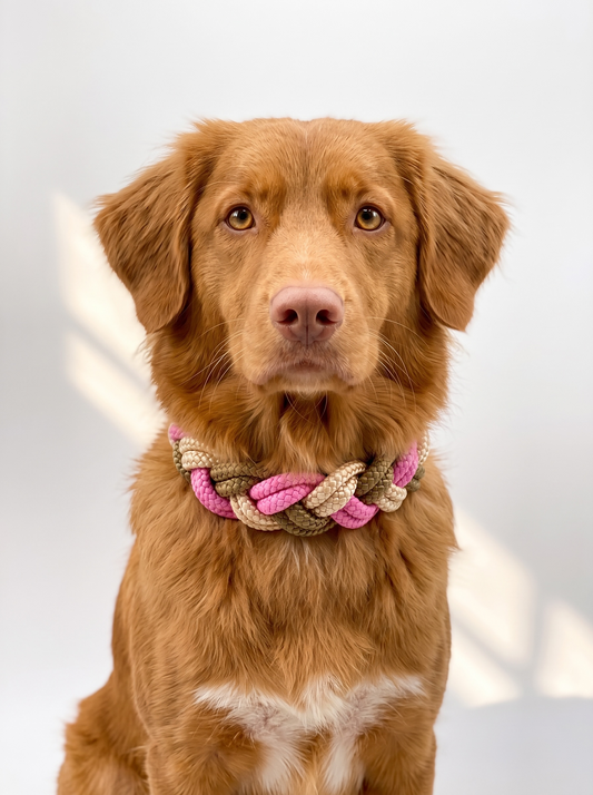 Hundehalsband geflochten aus Tau in rosa beige und braun. Handgefertigt und individuell anpassbar. Ansicht Des Halsbandes von vorne getragen an einem Hund 