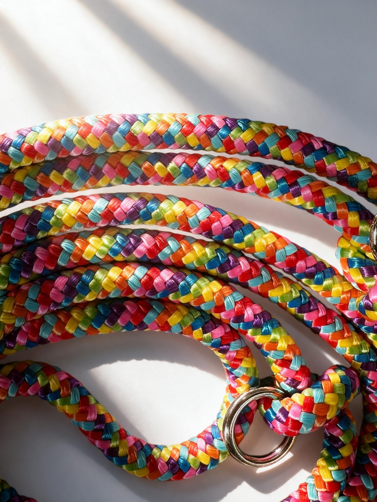 Tauleine aus rainbow Seil. Hundeleine in bunten Farben mit acid lila Umwicklung. Beschläge in der Farbe silber. Individuell anpassbar und handgefertigt.. Details Seil 