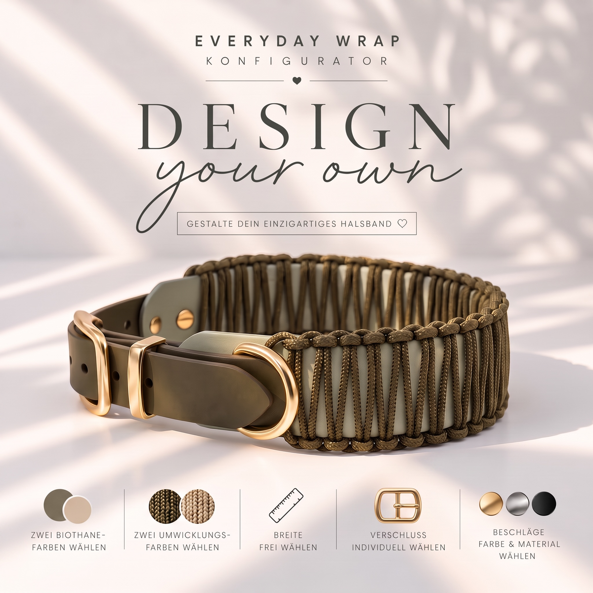 Titelbild des Konfigurator EVERYDAY WRAP. Halsband aus zwei BioThane Fraben und Paracord Umwicklung 