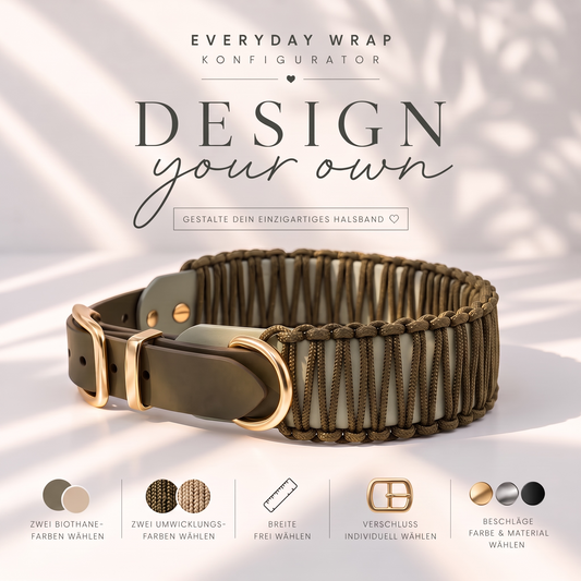 Titelbild des Konfigurator EVERYDAY WRAP. Halsband aus zwei BioThane Fraben und Paracord Umwicklung 