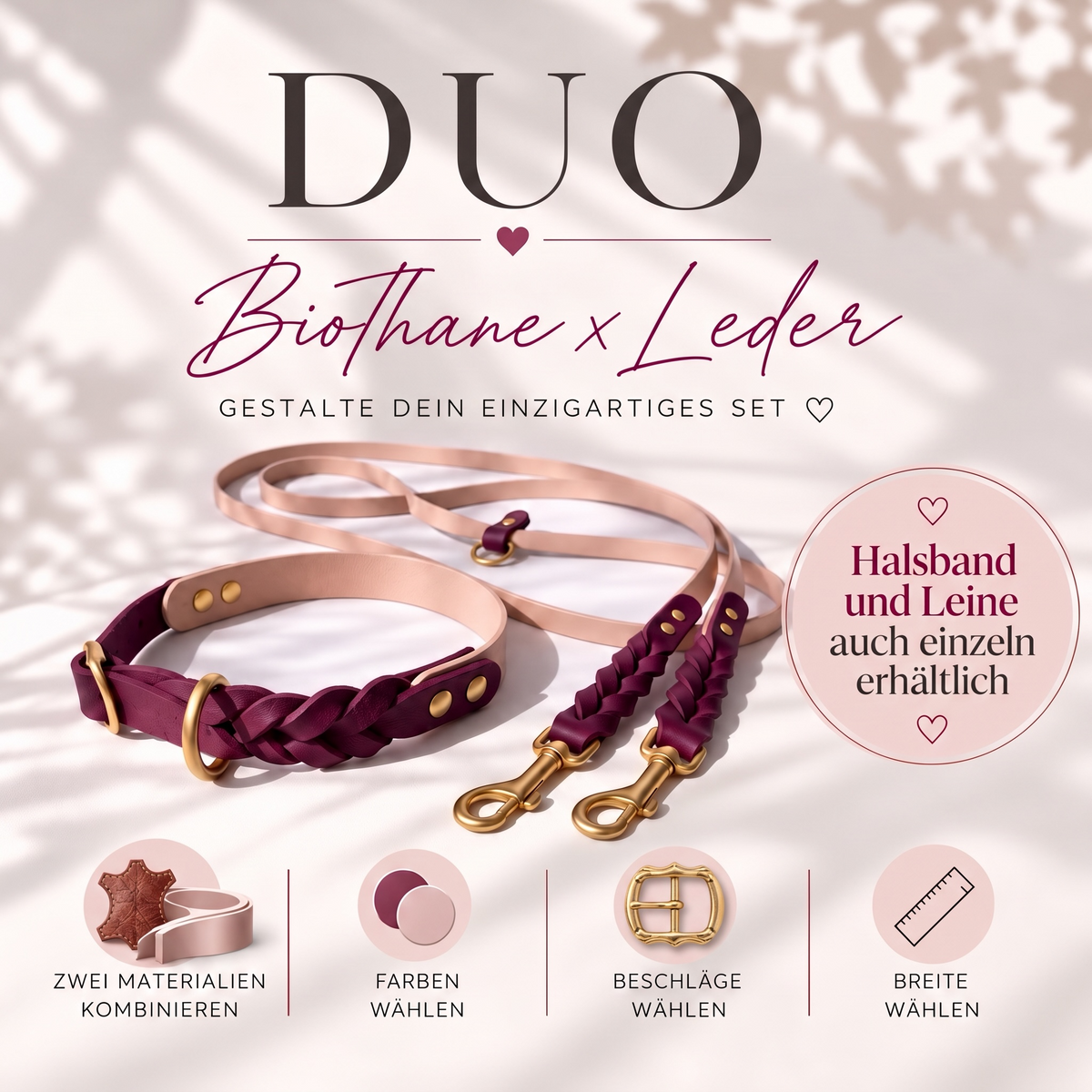 Titelbild des Konfigurators BioThane x Leder DUO. Auswahlmöglichkeiten und Option sind sichtbar. Halsband oder Leine in deinen Wunschfarbe. 