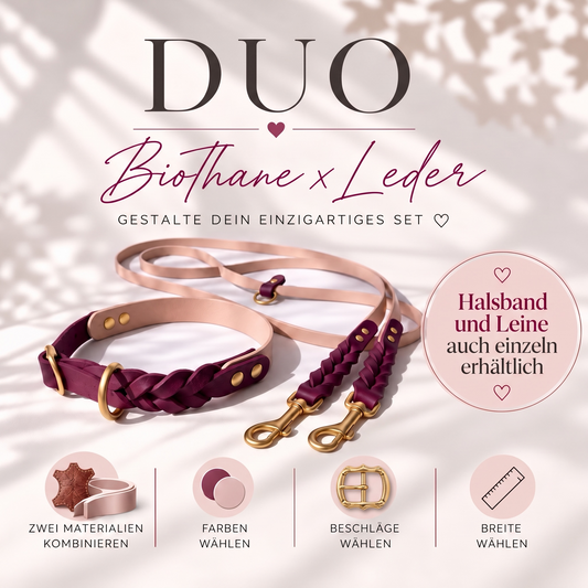 Titelbild des Konfigurators BioThane x Leder DUO. Auswahlmöglichkeiten und Option sind sichtbar. Halsband oder Leine in deinen Wunschfarbe. 