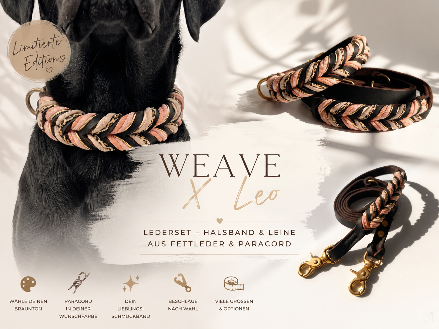 Hundehalsband Leine oder Set aus Leder mit leo Details. Limitierte Edition handgefertigt und individuell anpassbar. Für jeden Hund Geeigent 