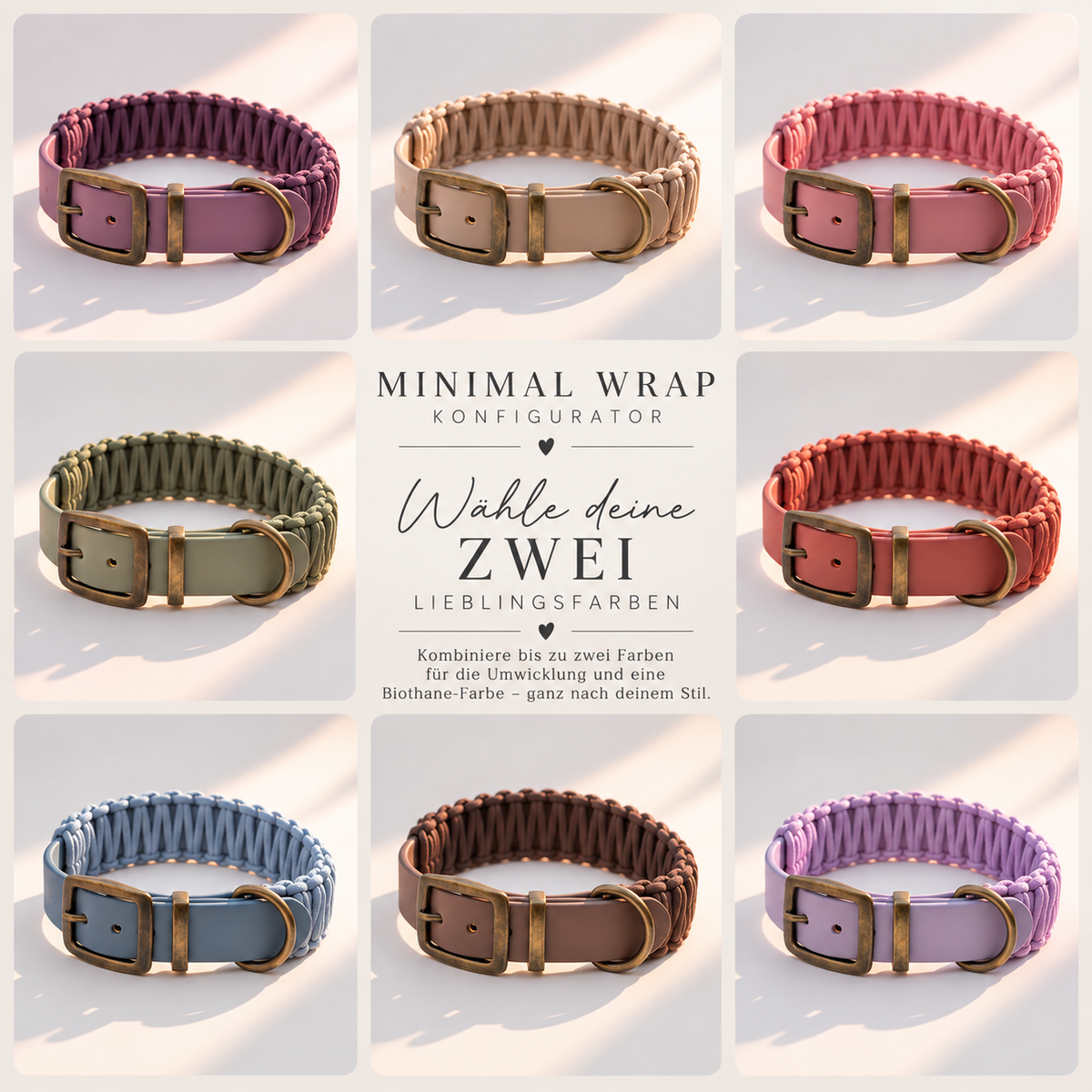 Beispielbild des Konfigurator MINIMAL WRAP. Halsband oder Set in deinen Wunschfarben aus BioThane und Paracord. 