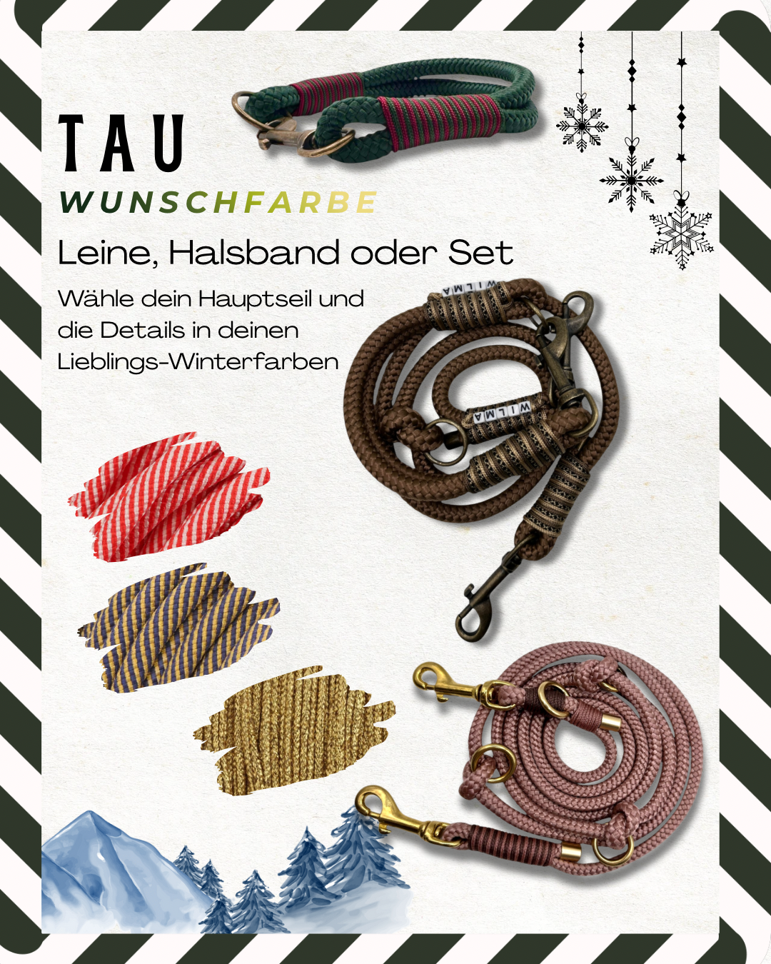 Winter Halsband Leine oder Set aus Tau in deinen weihnachts wunschfarben. Limitierte Farbauswahl für alle Hunde geeigent. Personalisierbar und anpassbar 