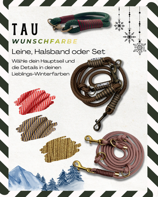 Winter Halsband Leine oder Set aus Tau in deinen weihnachts wunschfarben. Limitierte Farbauswahl für alle Hunde geeigent. Personalisierbar und anpassbar 