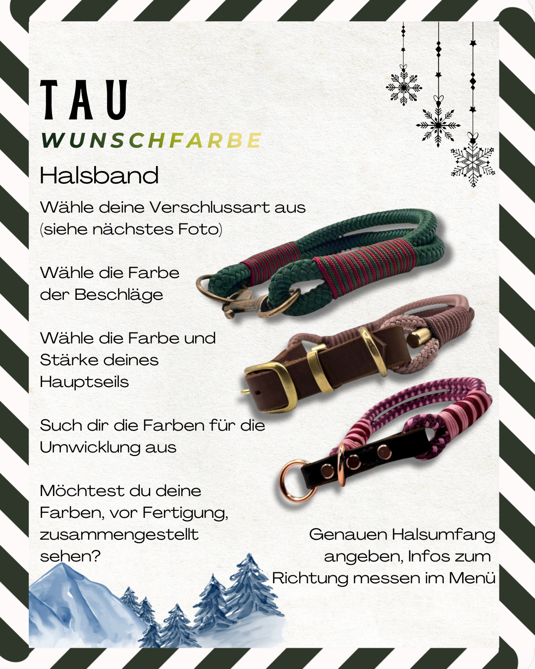 Winter Halsband Leine oder Set aus Tau in deinen weihnachts wunschfarben. Limitierte Farbauswahl für alle Hunde geeigent. Personalisierbar und anpassbar 