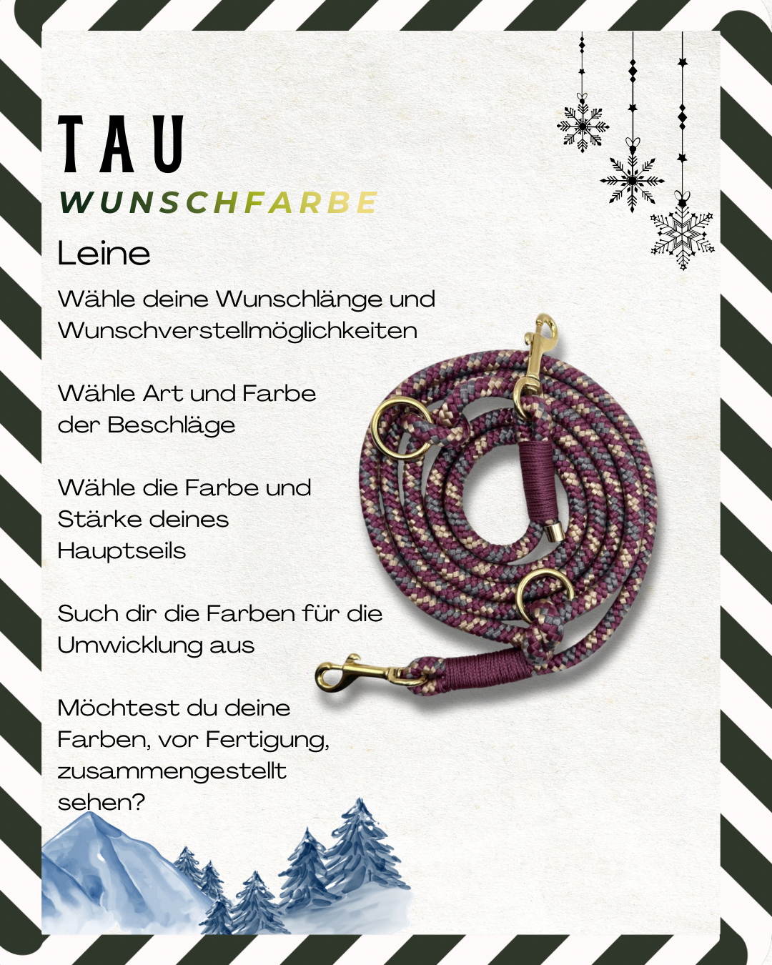 Winter Halsband Leine oder Set aus Tau in deinen weihnachts wunschfarben. Limitierte Farbauswahl für alle Hunde geeigent. Personalisierbar und anpassbar 