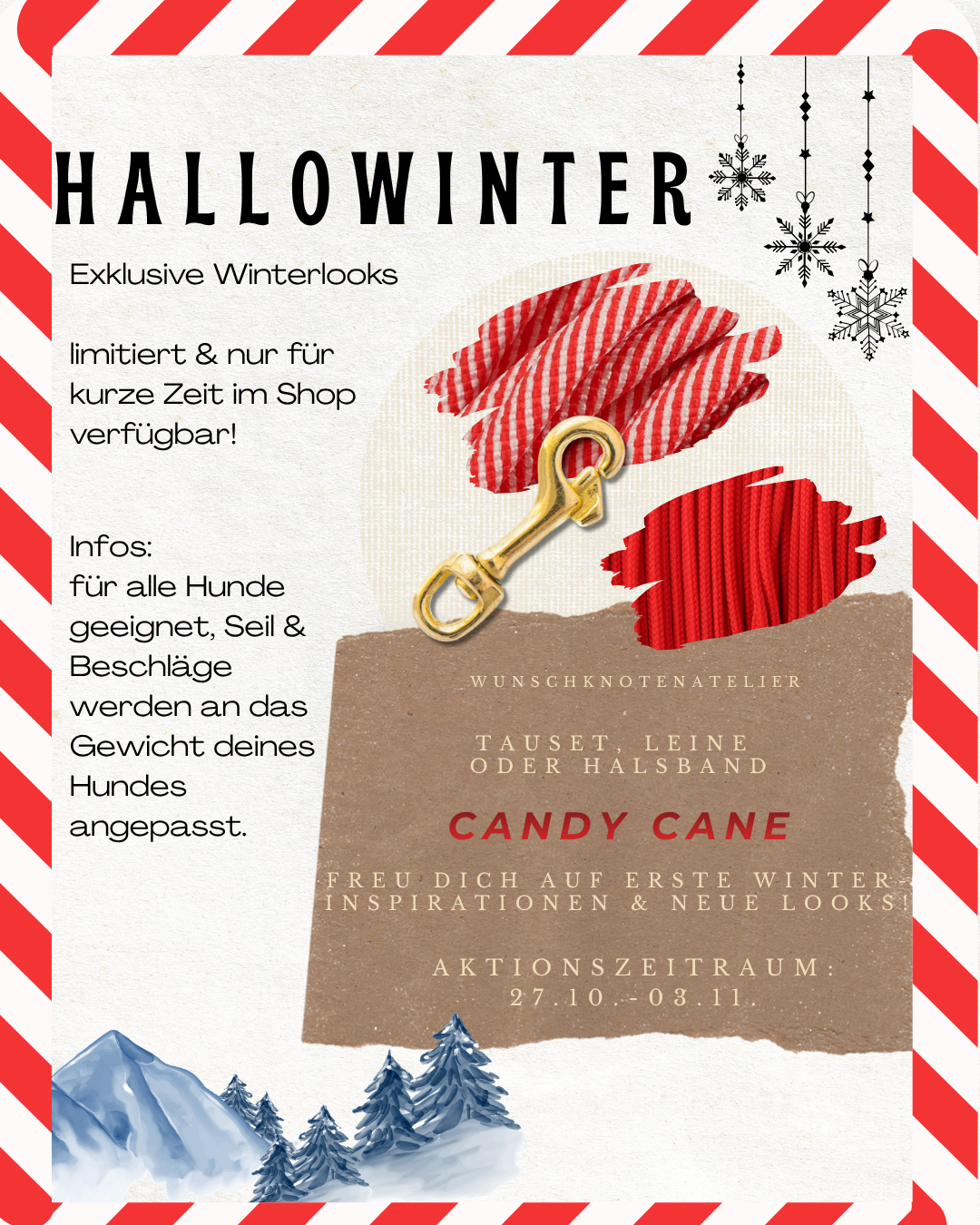 Weihnachtsgeschenk für deinen Vierbeiner. Sichere dir ein neues Halsband, Leine oder gleich ein ganzes seit in winterlichen Stile für deinen Hund. Candy cane in rot und weiß