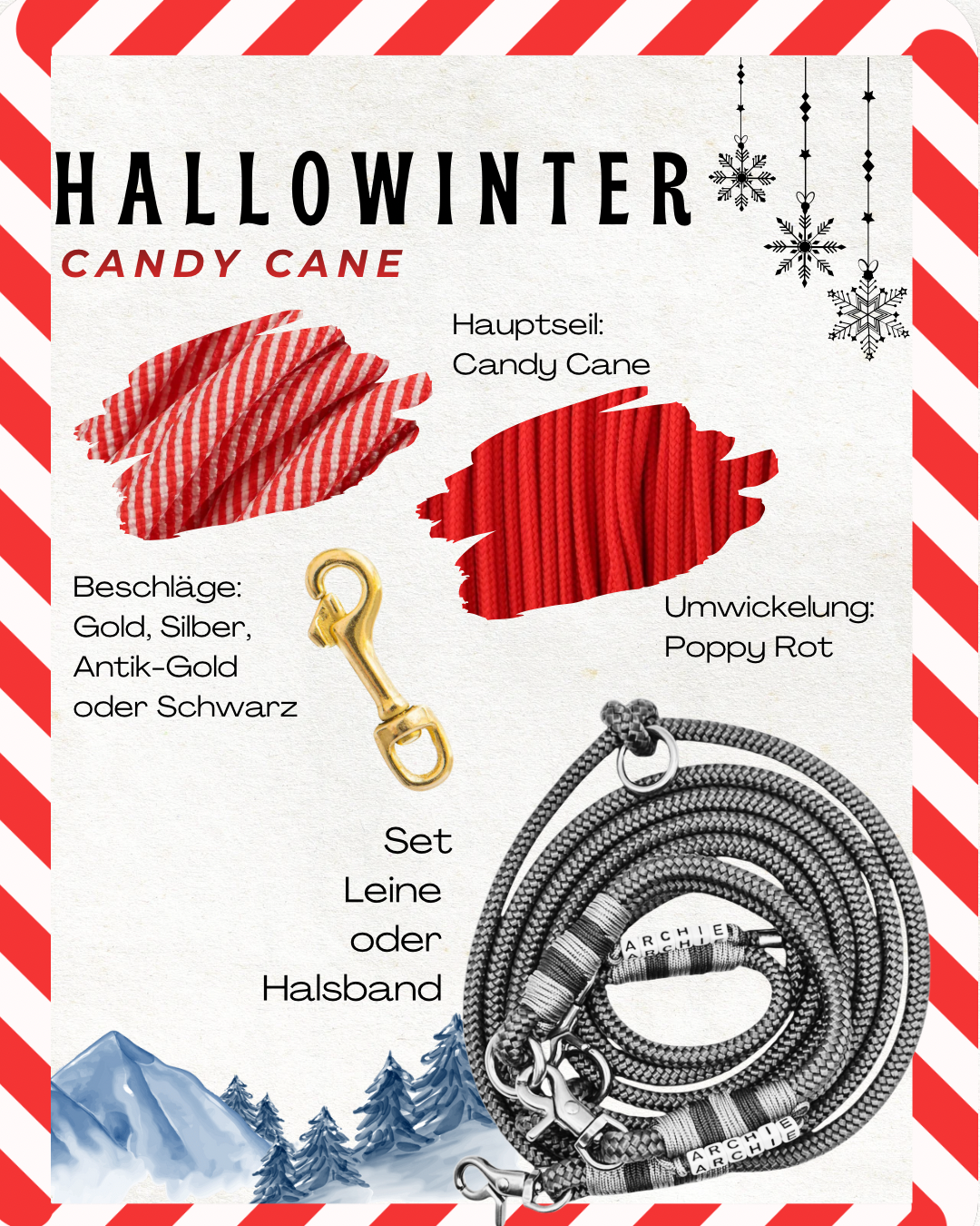 Weihnachtsgeschenk für deinen Vierbeiner. Sichere dir ein neues Halsband, Leine oder gleich ein ganzes seit in winterlichen Stile für deinen Hund. Candy cane in rot und weiß