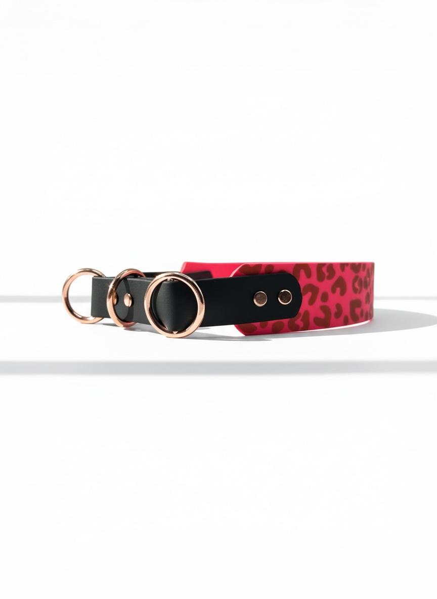 Hundehalsband Zugstopp BioThane Leopard neon rosa schwarz rosé Gold 
