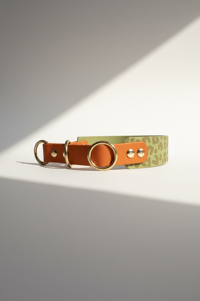 Zugstopphalsband aus BioThane mit Leo-Print und messing Beschlägen. Sommerhalsband in den Farben Holy Guacamole und burned Orange. Breite und Größe sowie die Farbe der Beschläge frei wählbar. Personalisierbar mit Namensgravur.