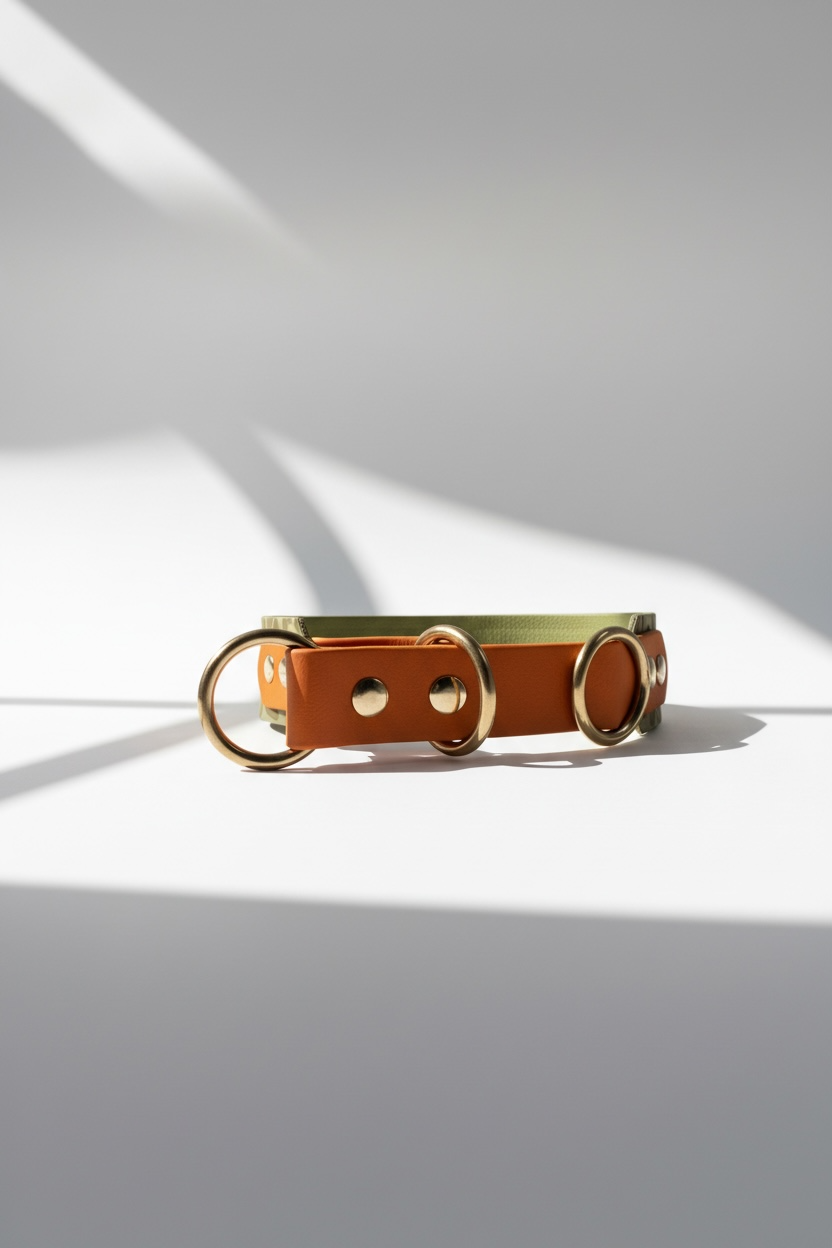 Hundehalsband mit Zugstopp Verschluss und Leopardenmuster in orange, grün und gold. Größe und Breite des Halsbandes wählbar sowie die Farbe der Beschläge. 