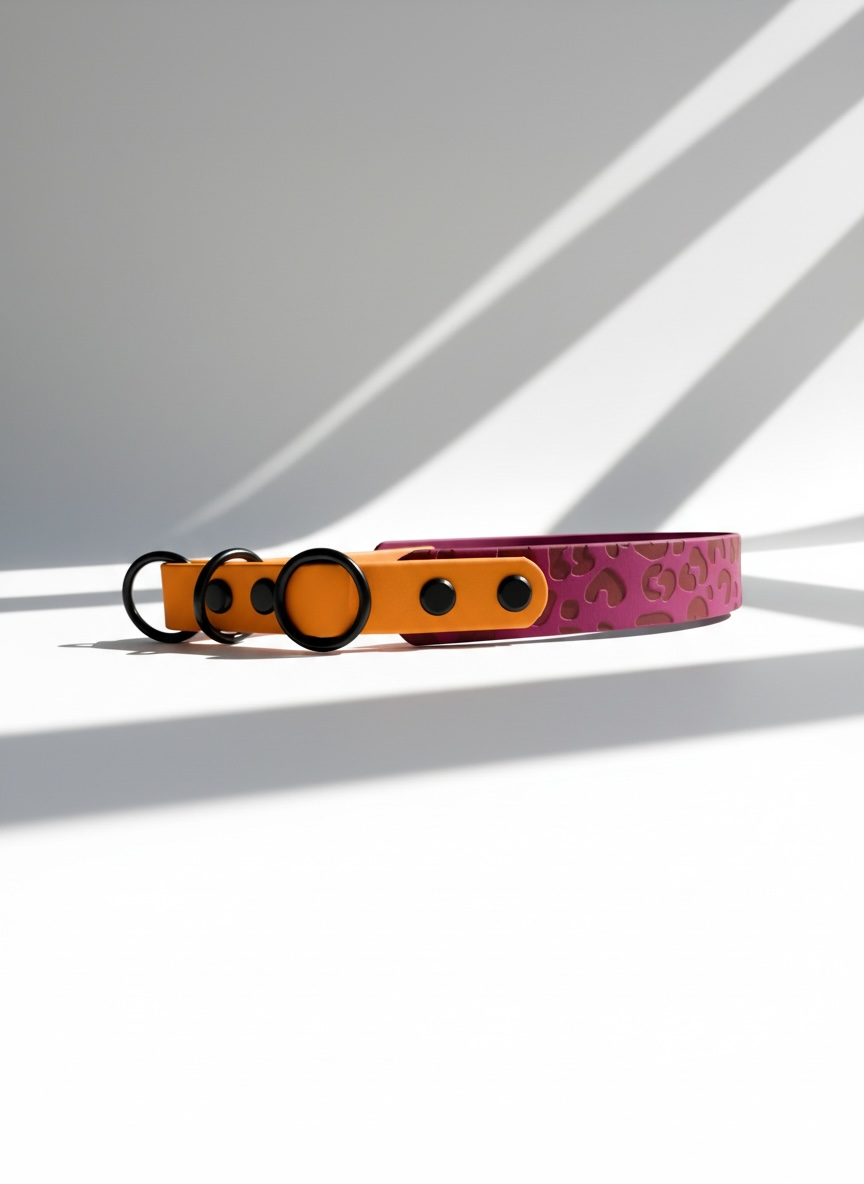Zugstopphalsband aus BioThane mit Zugstopp in magenta und orange. Leopardenhalsband 