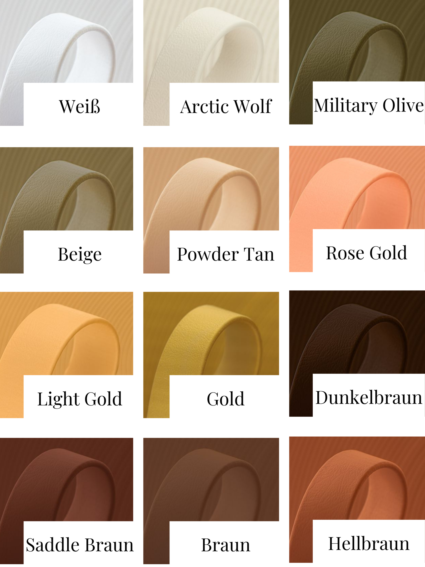 BioThane Farb­katalog für Hundehalsbänder und Leinen, 9–38 mm Breite, Farbtöne von Weiß, Beige bis Braun, Übersicht aller verfügbaren Wunschfarben für personalisierte Halsbänder und Leinen.