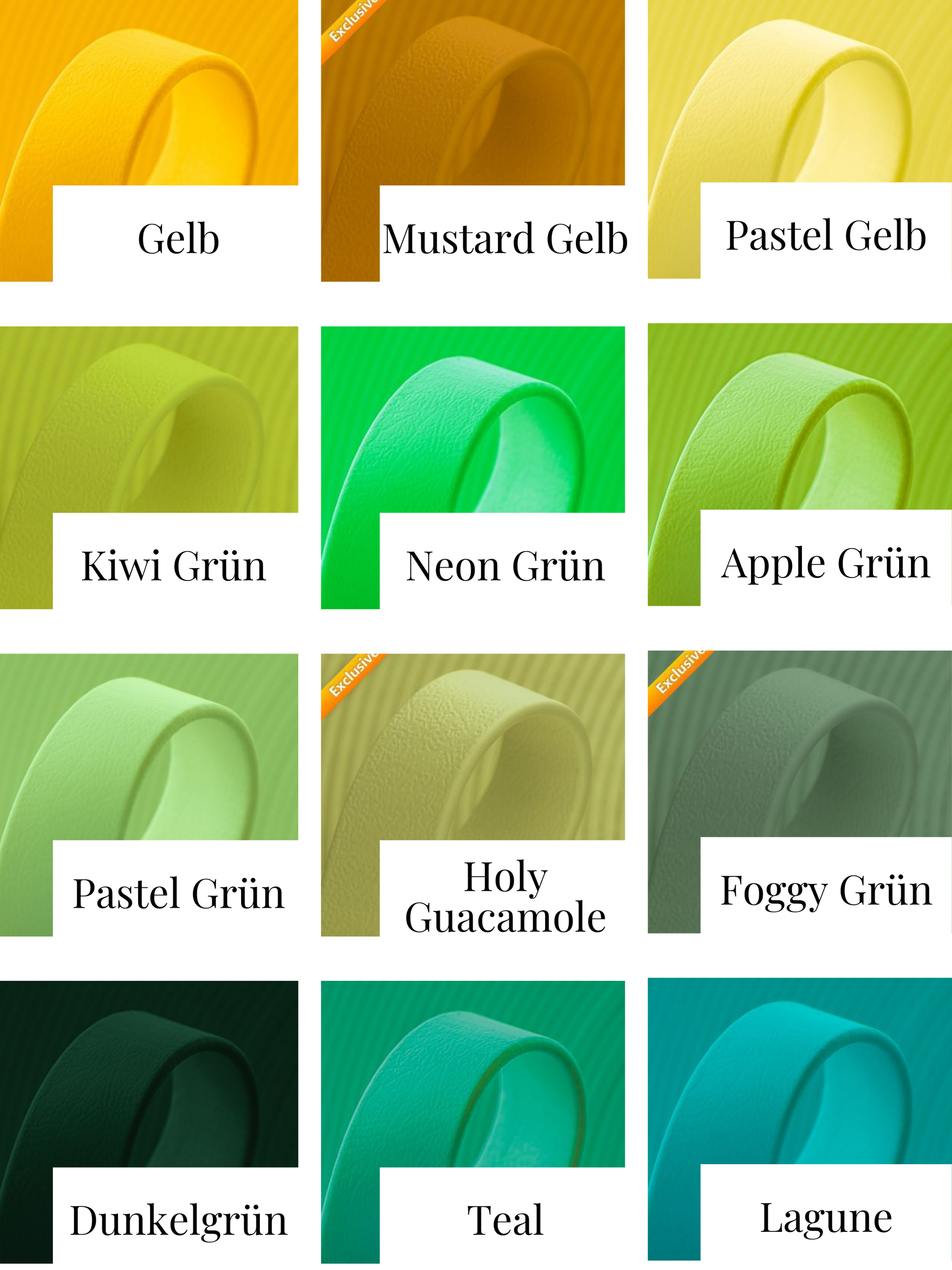 BioThane Farb­katalog für Hundehalsbänder und Leinen, 9–38 mm Breite, Farbtöne von Gelb bis Grün, Übersicht aller verfügbaren Wunschfarben für personalisierte Halsbänder und Leinen.